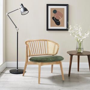 Skandynawskie krzesło z rattanem i zieloną tapicerką