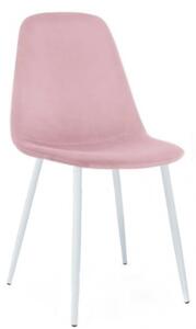 Krzesło do salonu FOX VI pudrowo różowe nogi białe tapicerowane welur