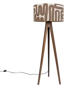 Lampa podłogowa Trójnóg z drewna orzechowego z brązowo-beżowym abażurem w paski 50 cm - Tripod Classic