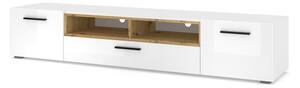 Biała długa szafka telewizyjna z półkami