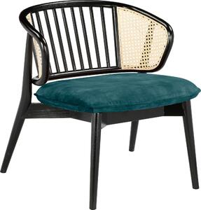 Skandynawskie czarne krzesło z rattanem i niebieską tapicerką