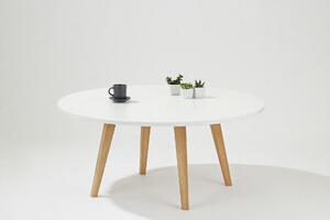 Stolik kawowy okrągły biały 90 cm na niskich drewnianych nogach z litego dębu