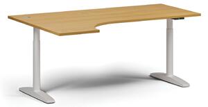 Stół z regulacją wysokości OBOL, elektryczny, 675-1325 mm, narożnik lewy, blat 1800x1200 mm, zaokrąglona podstawa biała, buk