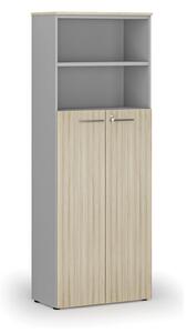Szafa biurowa kombinowana PRIMO GRAY, drzwi na 4 poziomach, 800 x 420 x 2128 mm, szary/dąb naturalny