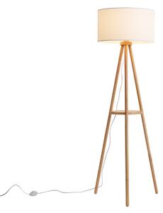 Skandynawska lampa podłogowa drewniana z białym materiałowym abażurem - Lou