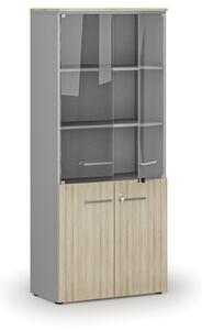 Szafa biurowa kombinowana z drzwiami drewnianymi i szklanymi PRIMO GRAY, 800 x 420 x 1781 mm, szary/dąb naturalny