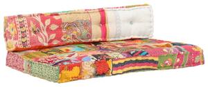Sofa z poduszek na paletÄ, tkanina, wielokolorowy patchwork