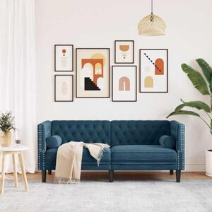 Sofa chesterfield z waÅkami, dwuosobowa, niebieska, aksamit