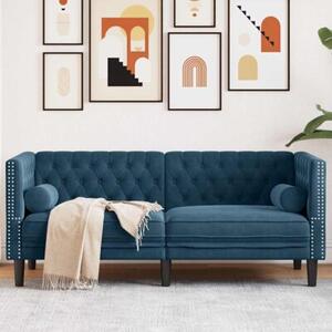 Sofa chesterfield z waÅkami, dwuosobowa, niebieska, aksamit
