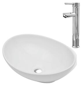Umywalka z baterią mieszającą, ceramiczna, owalna, biała