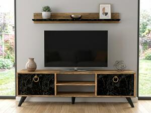Stolik TV ZEN 160 cm z półką ścienną, dekor orzech/czarny marmur