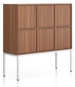 Szafa biurowa FRAME, niska, podstawa biała, 6x drzwi, 1299 x 450 x 1331 mm, PUSH-lock, orzech