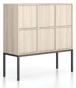 Szafa biurowa FRAME, niska, czarna podstawa, 6x drzwi, 1299 x 450 x 1331 mm, PUSH-lock, dąb naturalny
