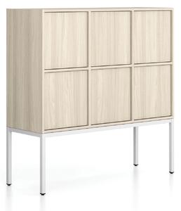 Szafa biurowa FRAME, niska, podstawa biała, 6x drzwi, 1299 x 450 x 1331 mm, PUSH-lock, dąb naturalny