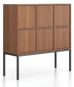 Szafa biurowa FRAME, niska, czarna podstawa, 6x drzwi, 1299 x 450 x 1331 mm, PUSH-lock, orzech