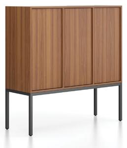 Szafa biurowa FRAME, niska, czarna podstawa, 3x drzwi, 1299 x 450 x 1331 mm, PUSH-lock, orzech