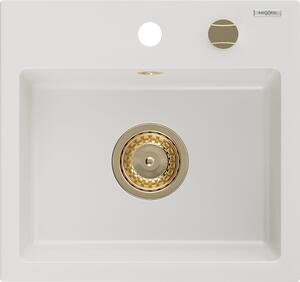 Mexen Milo zlewozmywak granitowy 1-komorowy 435 x 410 mm, biały, syfon złoty - 6505441000-20-G