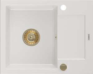 Mexen Enzo zlewozmywak granitowy 1-komorowy z ociekaczem 576 x 465 mm, biały, syfon złoty - 6506571005-20-G