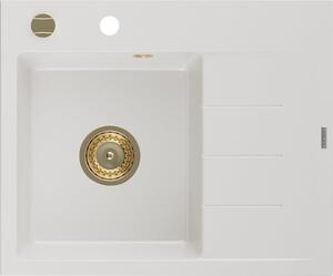 Mexen Ben zlewozmywak granitowy 1-komorowy z ociekaczem lewy 600 x 500 mm, biały, syfon złoty - 6522605000-20-G