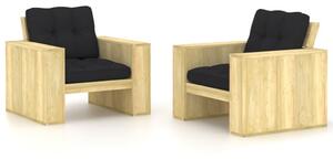 Krzesła ogrodowe z czarnymi poduszkami, 2 szt., drewno sosnowe