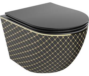 Mexen Lena miska wc Rimless z deską wolnoopadającą slim, duroplast, czarna mat/złota wzór kratka - 30224079