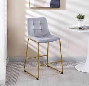 Hoker tapicerowany Maroko jasno szary nogi złote krzesło barowe pikowany welur