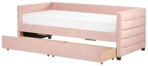 Łóżko dzienne leżanka welurowe 90 x 200 cm ze stelażem i szufladami różowe Marray Beliani