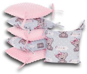 Ochraniacz do łóżeczka modułowy 6 poduszek Bawełna + Minky - Miś dziewczynka na szarym tle + minky różowe