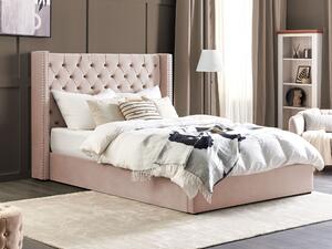 Welurowe łóżko 180 x 200 cm różowe z listwami pikowane ze schowkiem Lubbon Beliani
