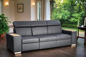 Trzyosobowa sofa Luksor I Relax z regulowanymi zagłówkami, dębową półką pod laptop, wysuwanym barkiem