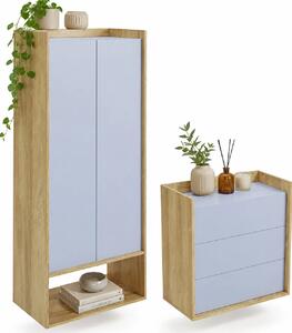 Nowoczesny zestaw modułowy szafa i komoda hikora + niebieski horyzont N2-C43