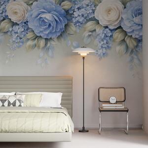 Fototapety Delikatne róże i bukiety kwiatów w inspirowanej porcelaną kompozycji botanicznej, z delikatnymi,, Fototapety Kwiaty, w05495 : Uwalls.pl