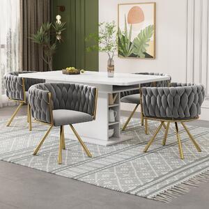 Zestaw dwóch eleganckich krzeseł tapicerowanych welurem, idealnych do jadalni, salonu lub sypialni. Pojedyncze, jasne krzesło, fotel obrotowy z czterema metalowymi nogami, w kolorach szarości i złota