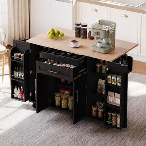 Mobilna wyspa kuchenna o wymiarach 120x45 cm, z wysuwaną blatem roboczym do 70 cm, szufladą na sztućce, regulowanymi półkami, półką na przyprawy i uchwytem na ręczniki