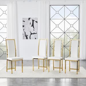 [Zestaw 4 sztuk] Minimalistyczne krzesła do jadalni w stylu europejskim z złotym wykończeniem. Biała skórapoliuretan + metalowa rama z efektem złota, wysokość 109 cm, idealne do różnych zastosowań, takich jak jadalnia, biuro itp. Biały + złoty