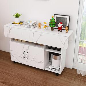 Składany, mobilny stół do jadalni o wymiarach 110x70x80 cm, wyposażony w 5 półek, 5 kółek (4 z możliwością blokady), oszczędny pod względem miejsca