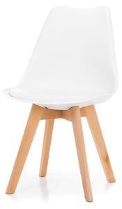Krzesło skandynawskie białe SK03 z białą poduszką z ekoskóry i drewnianymi nogami