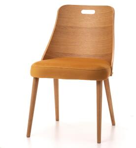 Krzesło dębowe SK99 tapicerowane musztardowe siedzisko, drewniane nogi i oparcie