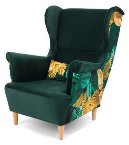 Fotel Uszak SK151 zielony welur ze zdobieniami oraz poduszką
