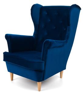 Fotel Uszak SK150 niebieski welur drewniane nogi