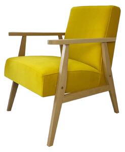 Fotel retro LUIS żółty welur ze stelażem bukowym