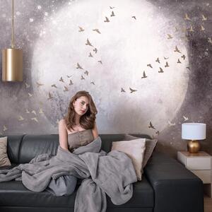 Tapeta MOONLIGHT FLY - warm grey - tapeta salonowa z księżycem i ptakami
