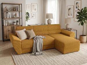 Rozkładana narożna sofa TAVERO 251x140 cm, musztardowa, uniwersalna