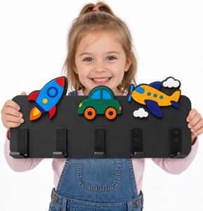 Wieszak ścienny dla dzieci 3D 40 cm rakieta auto samolot z hakami na ubrania