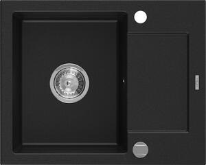 Mexen Enzo zlewozmywak granitowy 1-komorowy z ociekaczem 576 x 465 mm, czarny, syfon chrom - 6506571005-77