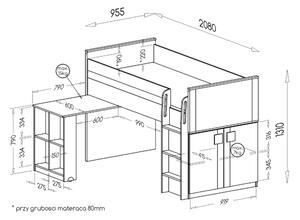 Łóżko piętrowe 90x200 z biurkiem Gumi G15 Biały/Antracyt