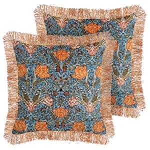 2 poduszki dekoracyjne w kwiaty frędzle welur bawełna 45x45cm niebieskie Mitella Beliani