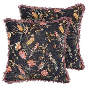 2 poduszki dekoracyjne w kwiaty z frędzlami welur bawełna 45x45cm czarne Morus Beliani