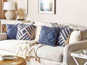 Poduszka dekoracyjna bawełna 45 x 45 cm z frędzlami beżowo-niebieska Jacaranda Beliani