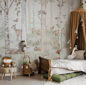 Tapeta HELLO RABBIT - green - tapeta ze zwierzątkami i lasem do pokoju dziecięcego